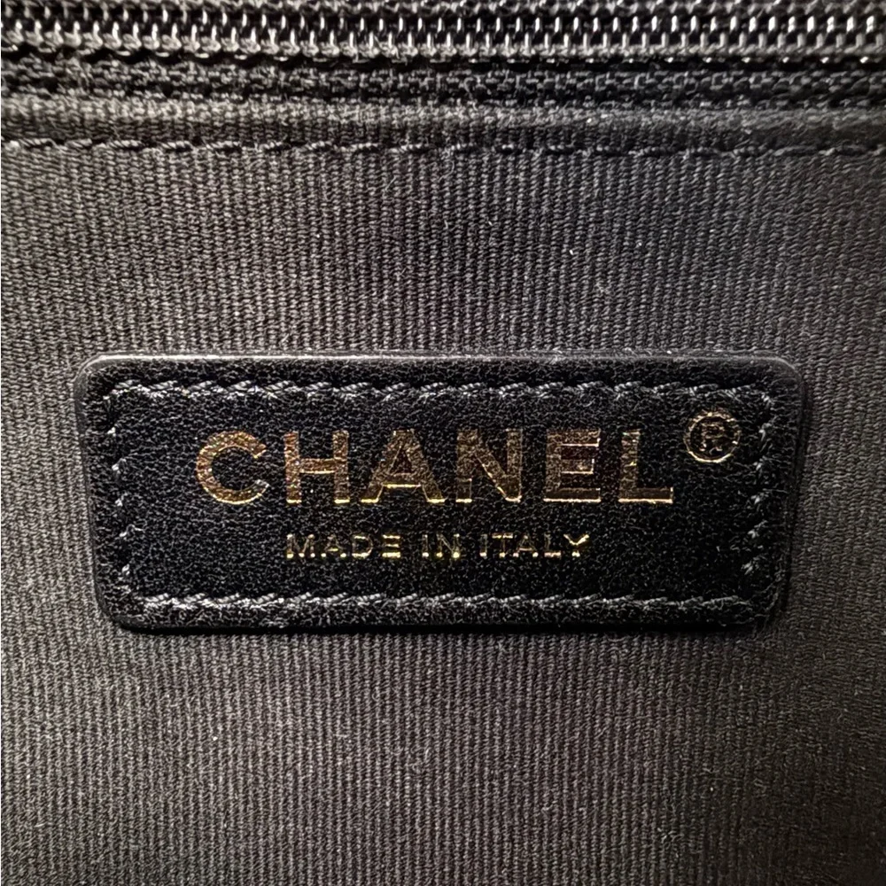 CHANEL Black Caviar Boy Bag with Aged Gold Chain and microchip